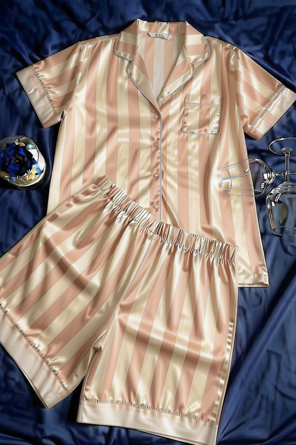 Set pigiama a righe in raso rosa