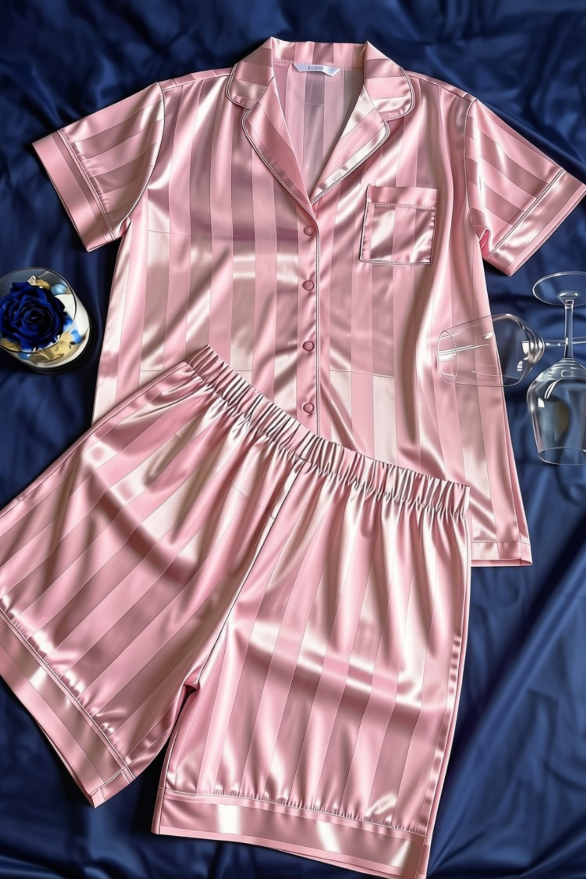 Set pigiama a righe in raso rosa